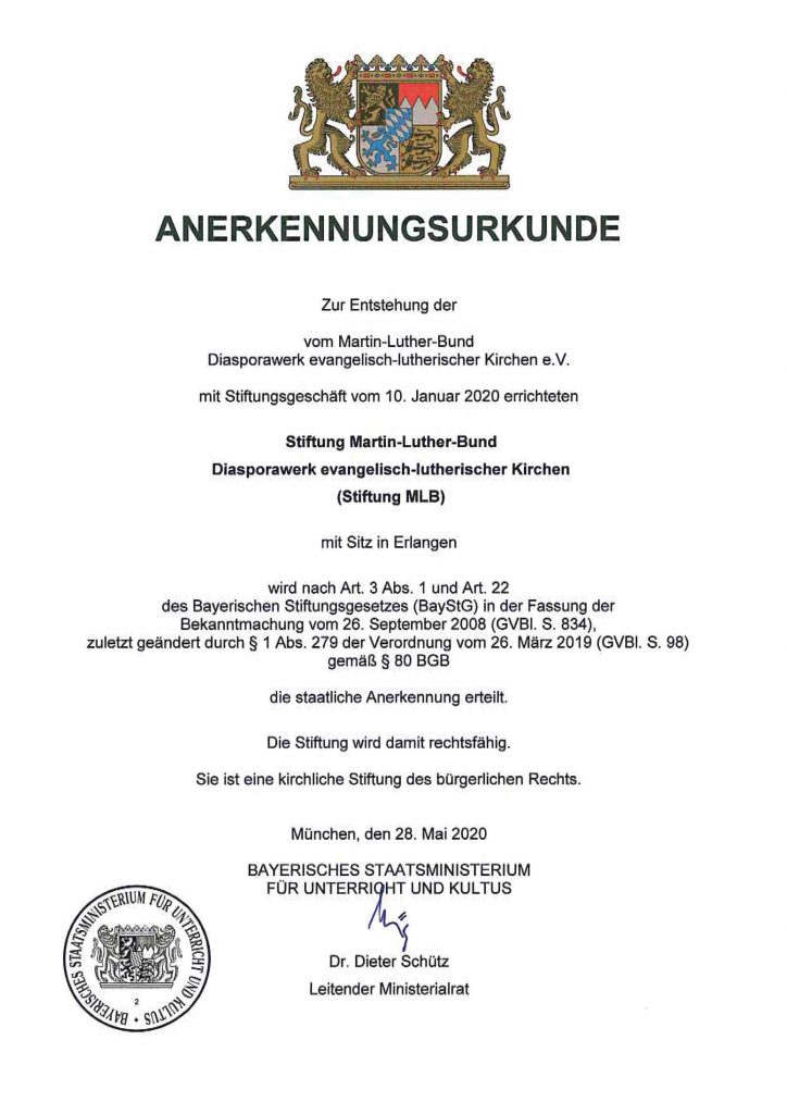 Anerkennungsurkunde der Stiftung Martin-Luther-Bund